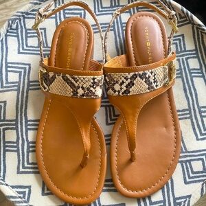 Camel and snakeskin heeled sandals